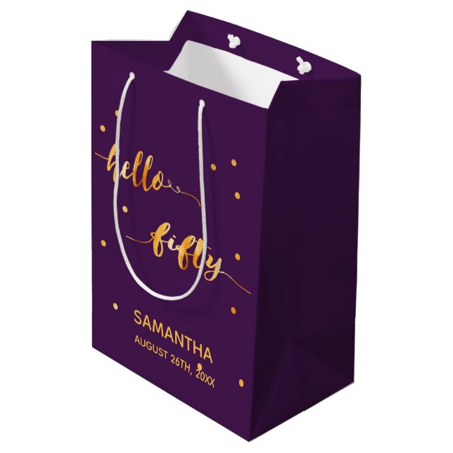 Purple gold typography 50th birthday medium gift bag (Back Angled)