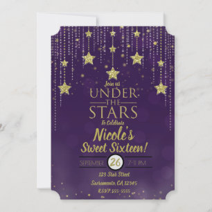 Purple & Gold Under The Stars Starry Sweet 16 Invitation