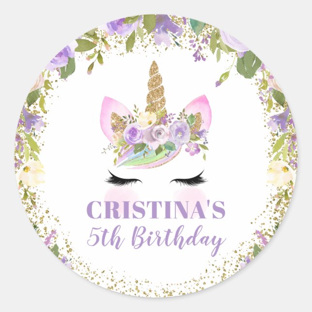 Purple Gold Unicorn Floral Party Favour Classic Round Sticker (Front)