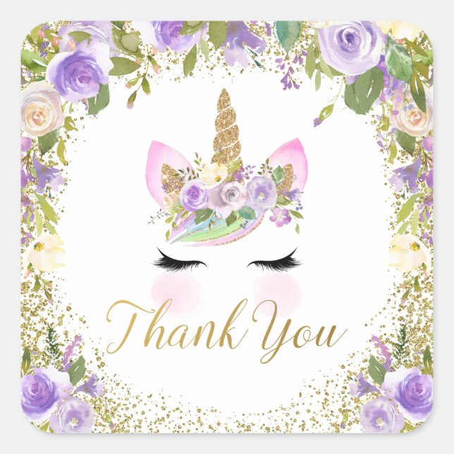 Purple Gold Unicorn Floral Thank You Square Sticker (Front)