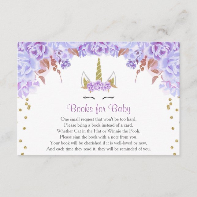 Purple gold unicorn girl baby shower book request enclosure card (Front)