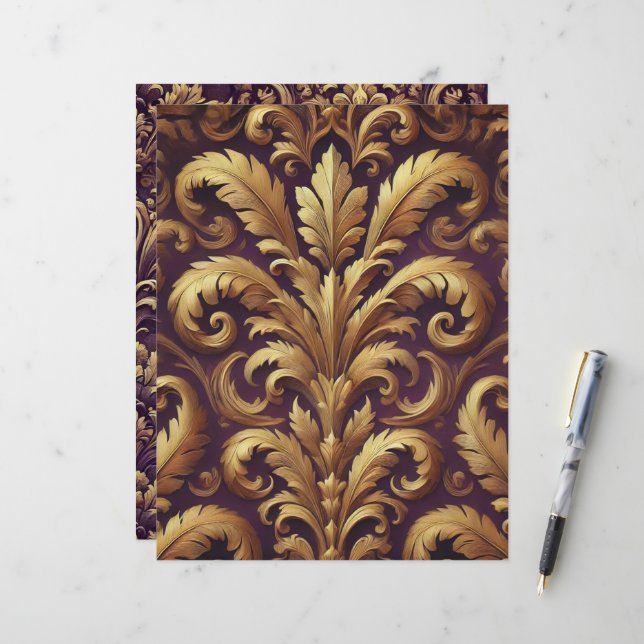 Purple & Gold Victorian Acanthus Scrapbook Paper (Front/Back In Situ)