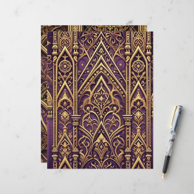 Purple & Gold Victorian Gothic Scrapbook Paper (Front/Back In Situ)
