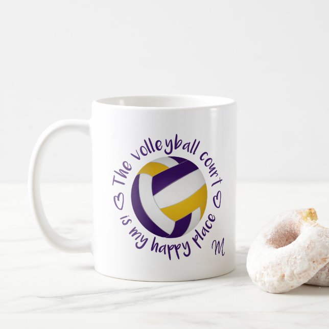 purple gold volleyball court is my happy place coffee mug (With Donut)