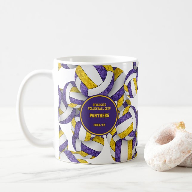 purple gold volleyball team colours coach name coffee mug (With Donut)