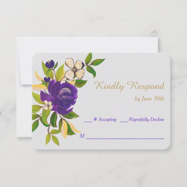 Purple Gold Watercolor Bouquet Wedding RSVP (Front)