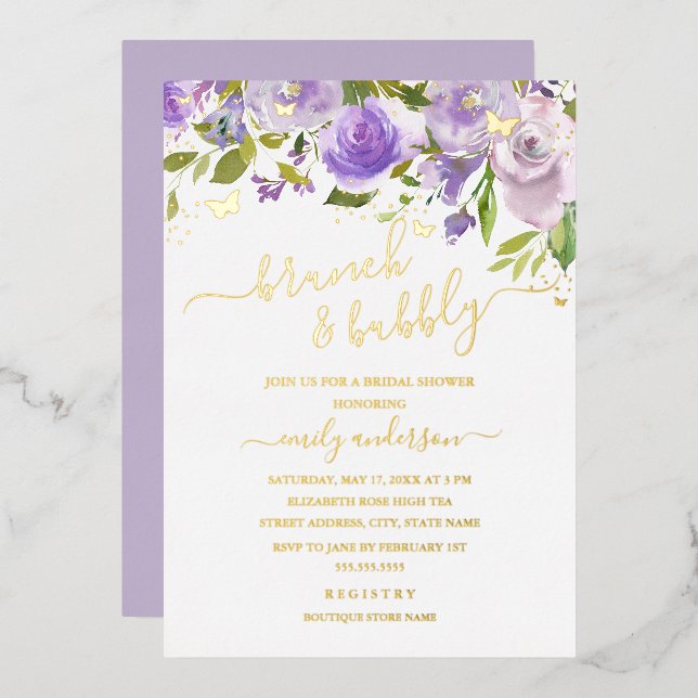 Purple Gold Watercolor Brunch And Bubbly  (Front/Back)
