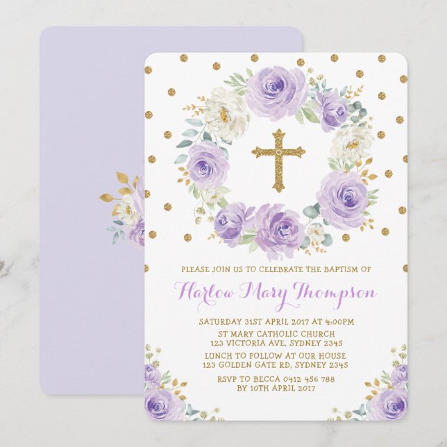 Purple Gold Watercolor Floral Baptism Christening Invitation (Front/Back)