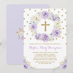 Purple Gold Watercolor Floral Baptism Christening Invitation