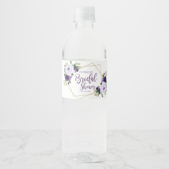 Purple Gold Watercolor Floral Bridal Water Bottle Label (Front)