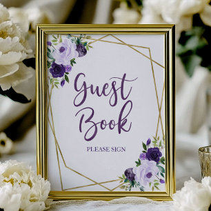 Purple Gold Watercolor Floral Guest Book Sign