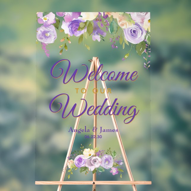 Purple Gold Watercolor Floral Welcome Wedding Acrylic Sign (Neutral)