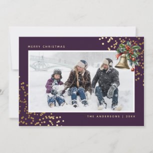Purple Gold Watercolor Holly Bell Photo Holiday Card