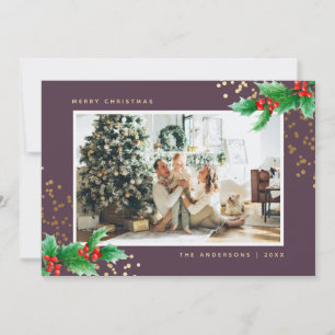 Purple Gold Watercolor Holly Photo Christmas Cards