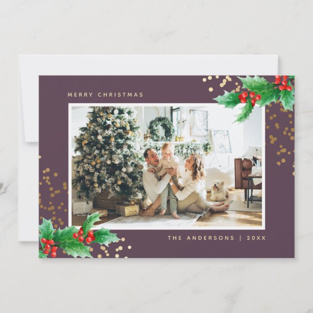 Purple Gold Watercolor Holly Photo Christmas Cards (Front)