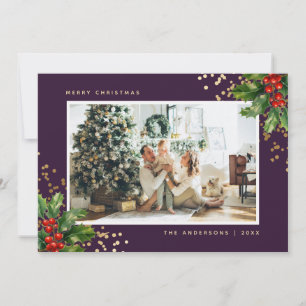 Purple Gold Watercolor Holly Photo Christmas Cards