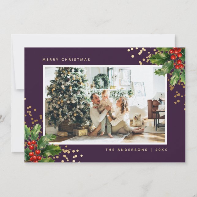 Purple Gold Watercolor Holly Photo Christmas Cards (Front)