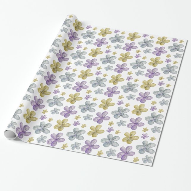 Purple Gold Watercolor Inspirational Flowers Wrapping Paper (Unrolled)