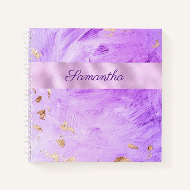 Purple Gold Watercolor Metallic Abstract Name Notebook (Front)