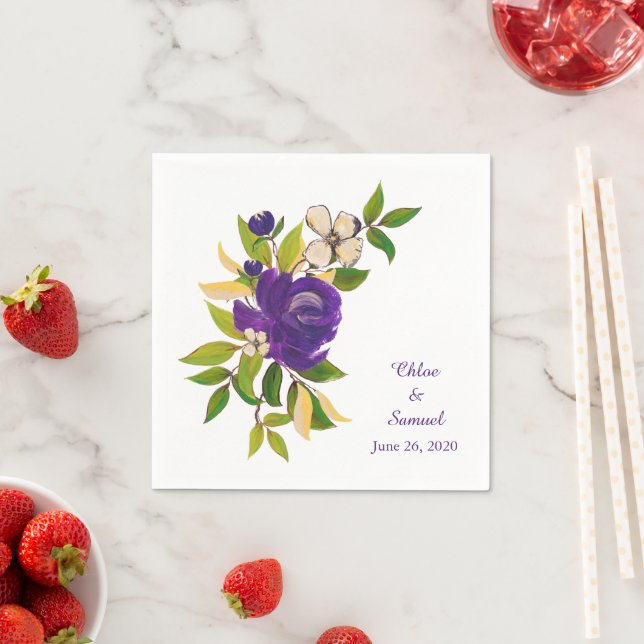Purple Gold Watercolor Personalised Wedding Napkin (Insitu)