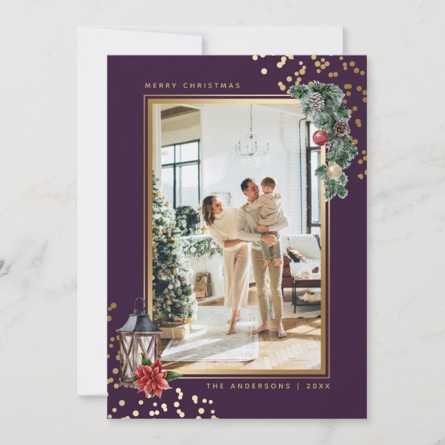 Purple Gold Watercolor Photo Christmas Holiday Card (Front)