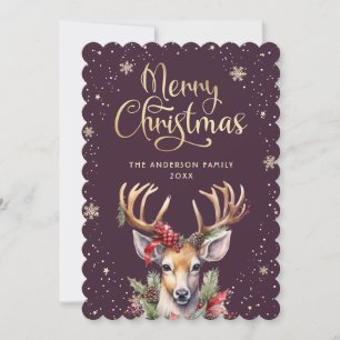Purple Gold Watercolor Reindeer Christmas Card