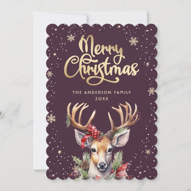 Purple Gold Watercolor Reindeer Christmas Card (Front)