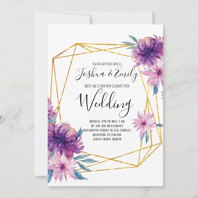 Purple Gold Wedding Invitation Floral invites (Front)