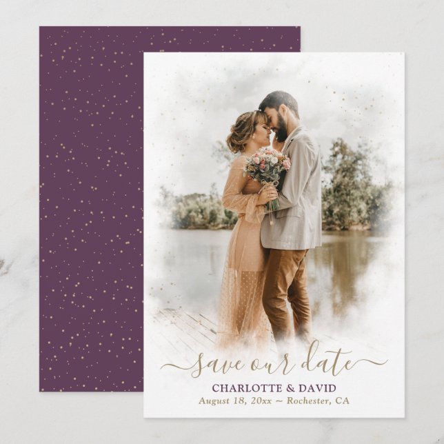 Purple Gold Wedding Photo Save Our Date Card (Front/Back)