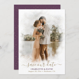 Purple Gold Wedding Photo Save Our Date Card