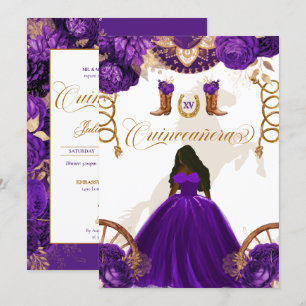 Purple Gold Western Charro 2-Sided Quinceanera Inv Invitation