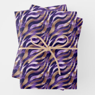 Purple / Gold / White Abstract Lines Wrapping Paper Sheet