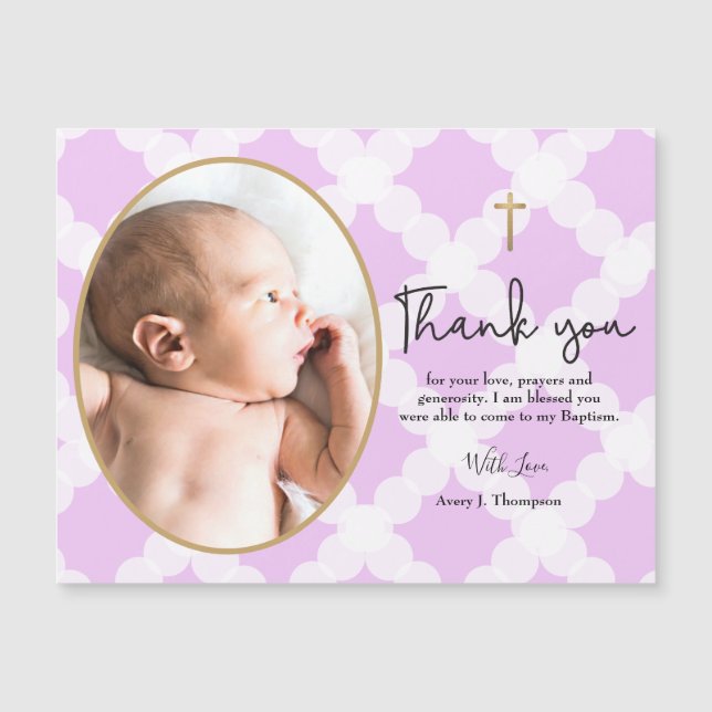 Purple gold white Baptism thank you baby photo (Front)