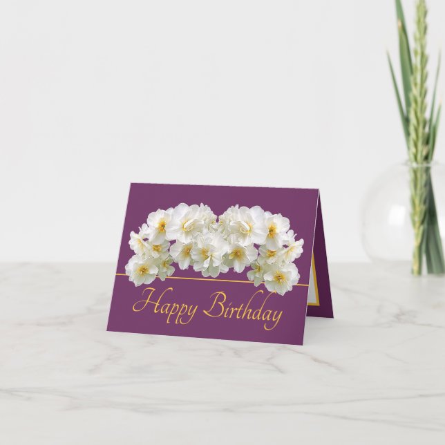 Purple Gold White Daffodil Bouquet Happy Birthday Card (Front)