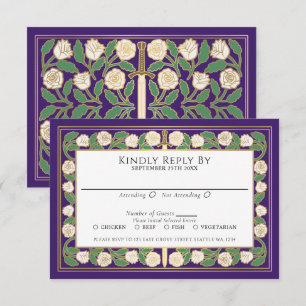 Purple Gold White Floral Sword Royal Wedding RSVP Card