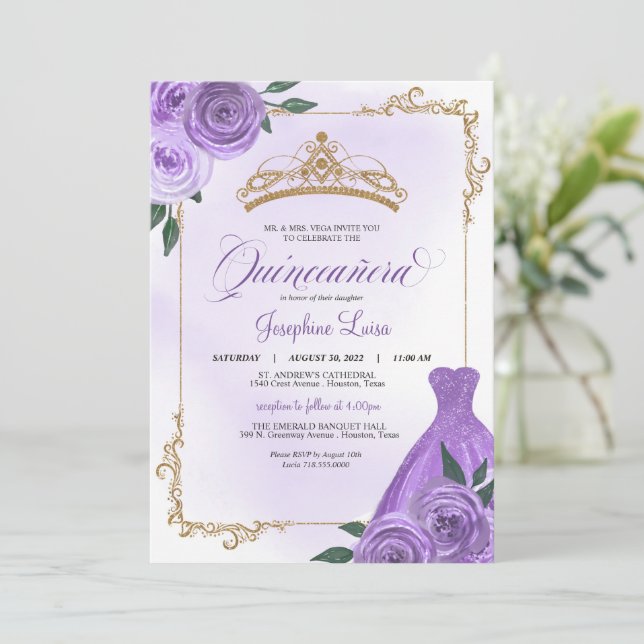 Purple Gold & White Floral Tiara Quinceañera Invitation (Standing Front)