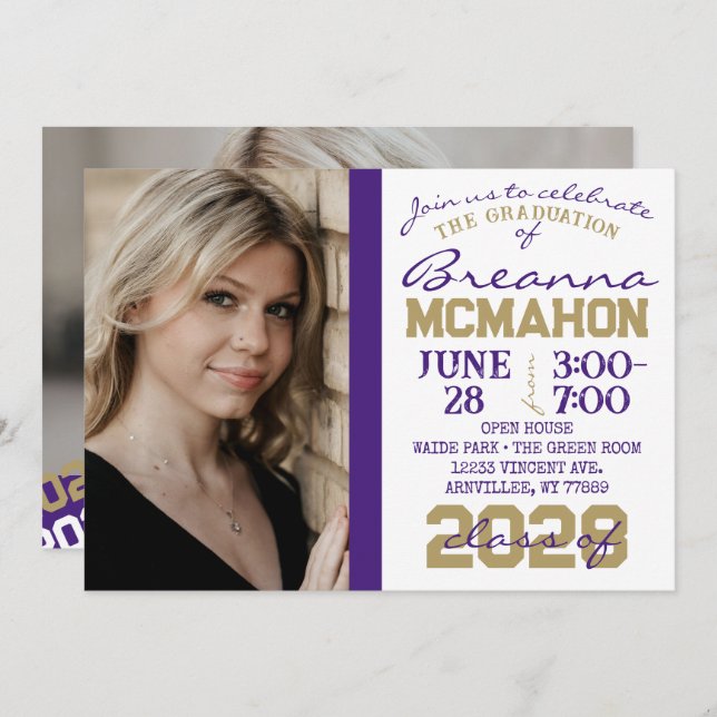 Purple, Gold & White Graduation 2 Photo Invitation (Front/Back)
