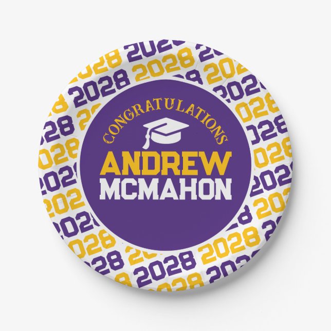 Purple, Gold & White Graduation Personalised Paper Plate (Front)