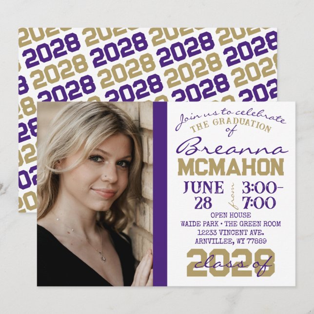 Purple, Gold & White Graduation Photo Invitation (Front/Back)