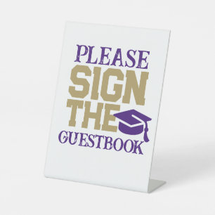Purple, Gold & White Guestbook Graduation Table Pedestal Sign