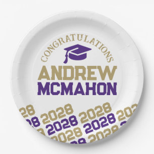 Purple & Gold White Half Repeat Grad Personalised Paper Plate