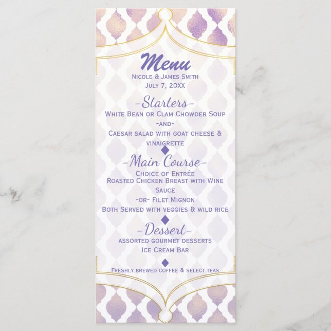 Purple Gold & White Moroccan Modern Menu Card (Front)