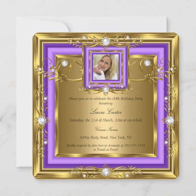 Purple Gold White Pearl Photo Birthday Party Invitation (Front)