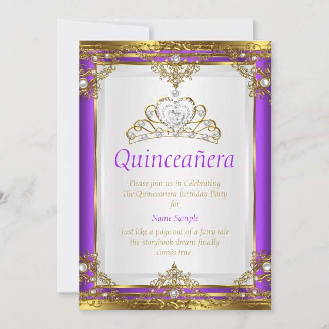 Purple Gold White Pearl Princess Quinceanera Invitation (Front)