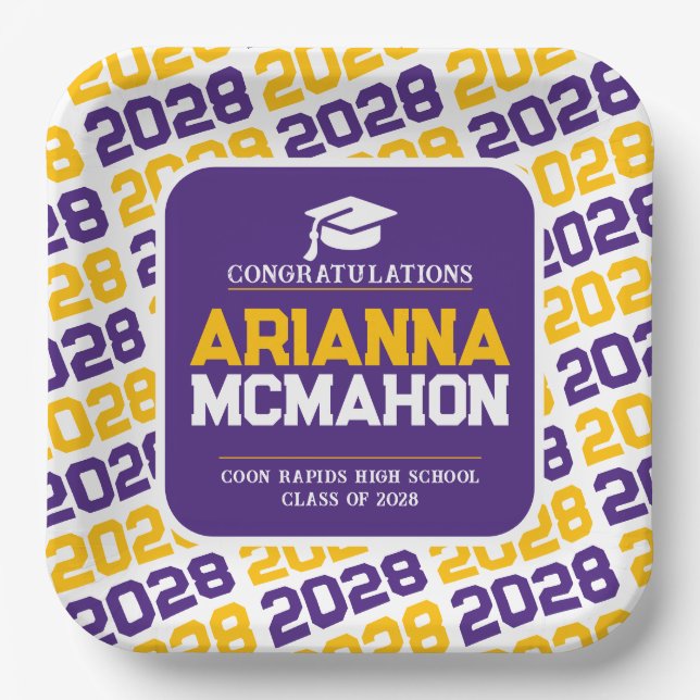 Purple, Gold & White Personalised Graduation Pape Paper Plate (Front)