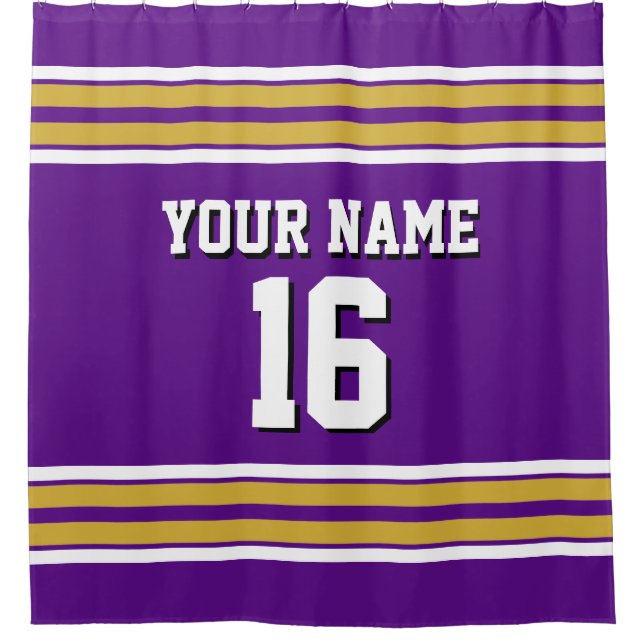 Purple Gold White Stripes Sports Jersey Shower Curtain (Front)
