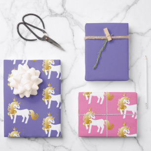Purple Gold White Unicorn Birthday Wrapping Paper Sheet