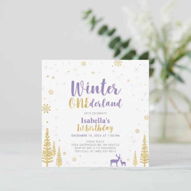 Purple & Gold Winter Onederland 1st First Birthday Invitation (Standing Front)