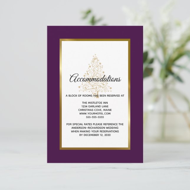 Purple Gold Winter Wedding Accommodations Enclosure Card (Standing Front)