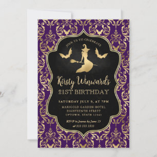 Purple Gold Witch and Bats Damask 21st Birthday Invitation